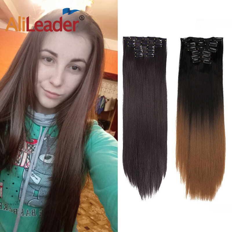 Alileader seis peças 56cm 22 Polegada longo luz loira cabelo castanho 16 clipes sintético falso grampo de cabelo na extensão do cabelo