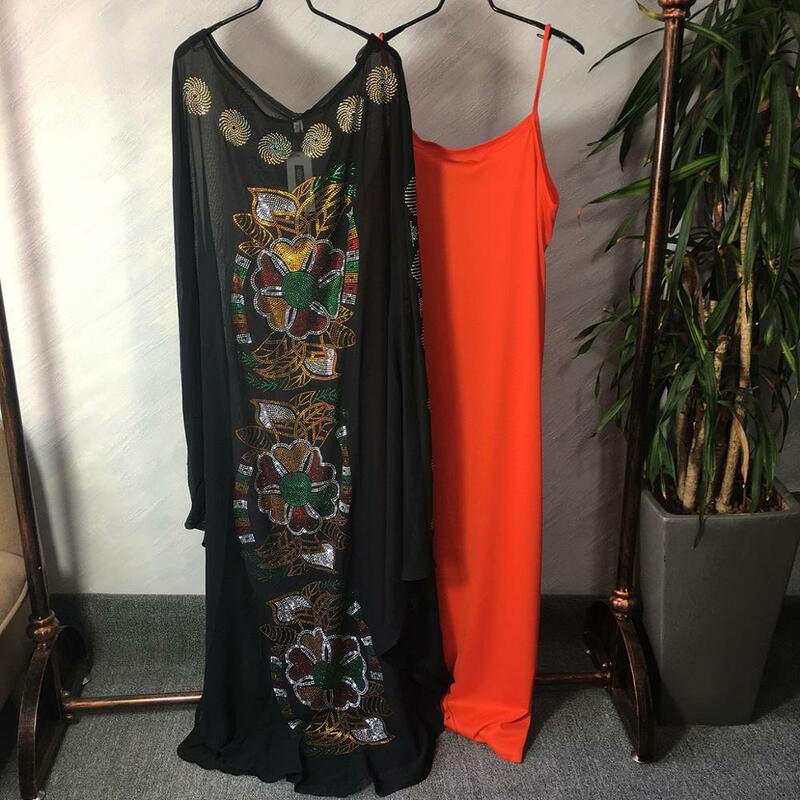 Vêtements africains amples pour femmes Dashiki, en mousseline de soie, longue robe avec doublure orange, ensemble deux pièces, nouvelle collection