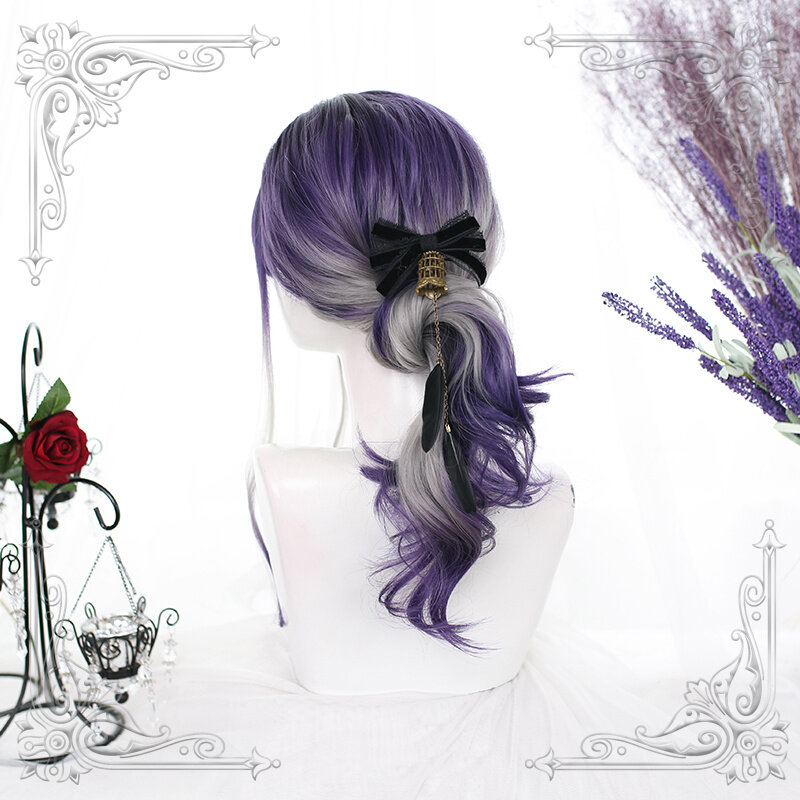 Wig Wanita Bergelombang Panjang Wig Ombre Abu-abu Tengah Ungu Anggur Tahan Panas untuk Wanita Pesta Cosplay Lolita