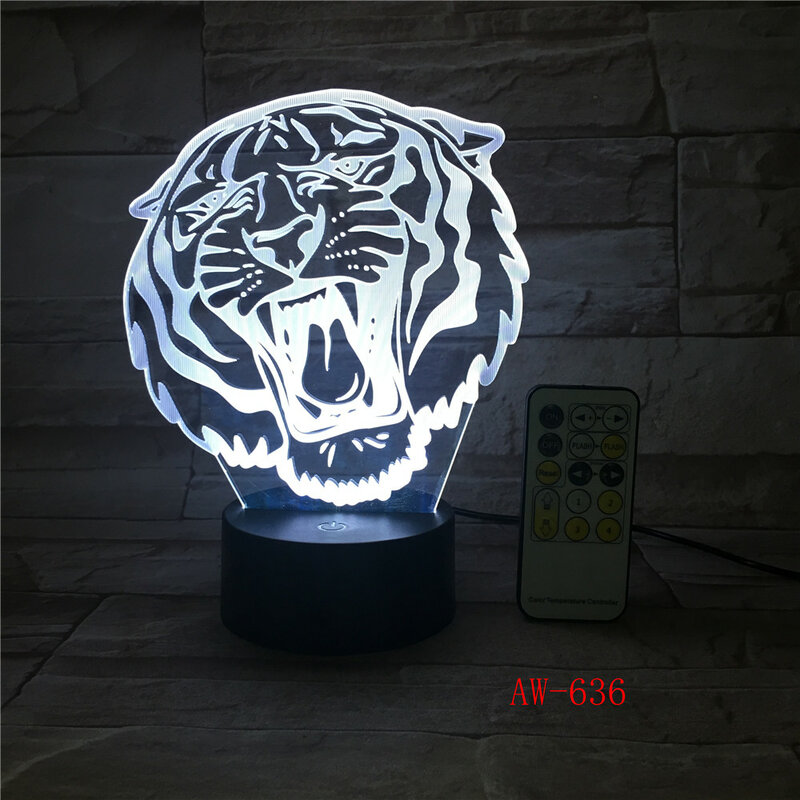 Tiger-head modelo 3d led night light 7 cores candeeiro de mesa novidade produto luz com botão de toque escritório luz gota AW-636