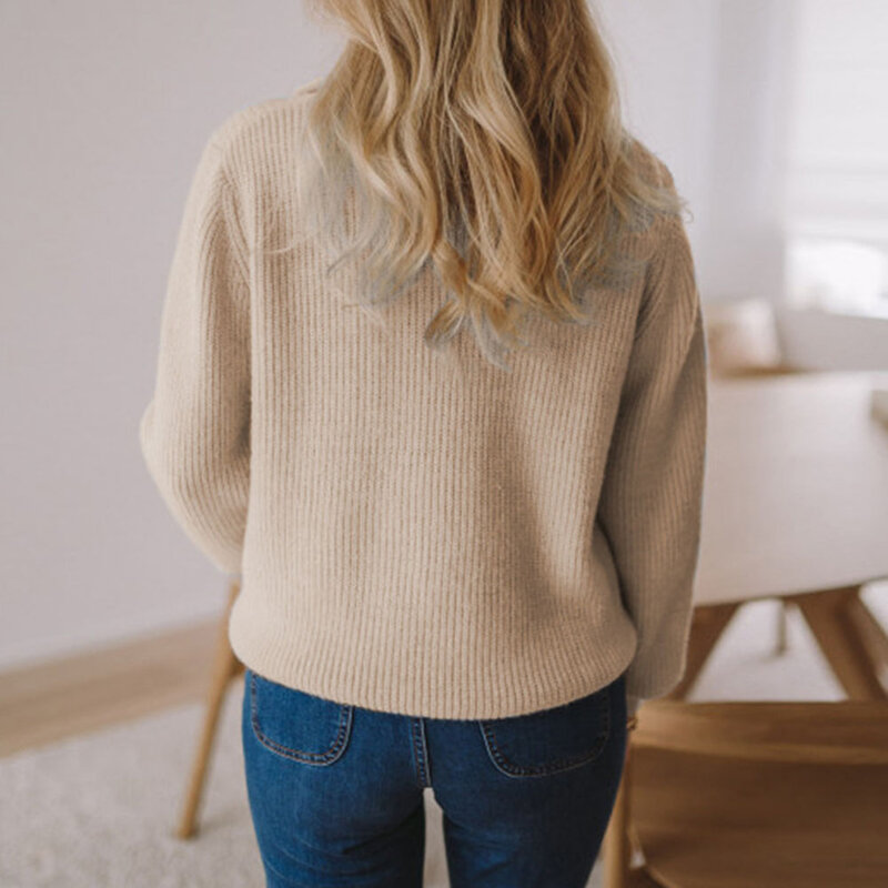 서양식 v 넥 지퍼 랜턴 슬리브 스웨터 여성용, 신제품, 패션 캐주얼, 단순함, 단색, 2021 가을 겨울