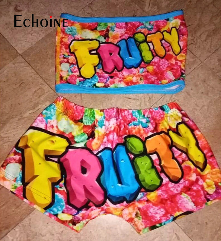 Echoine las mujeres Sexy 2, conjunto de dos piezas de dulces impreso Top corto de tubo Biker Shorts faldas trajes conjunto de chándal de ropa de Fitness ropa