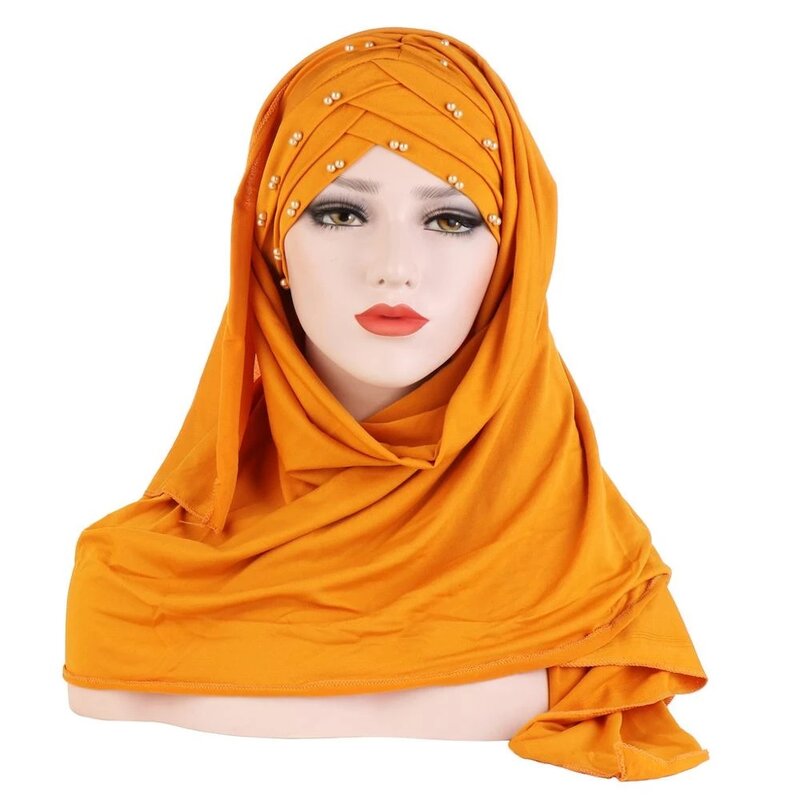 Lenço muçulmano de algodão 2019, liso, com contas, chales e embrulhos, femme musulman hijab, pronto para usar, turbante, lenço de cabeça feminino