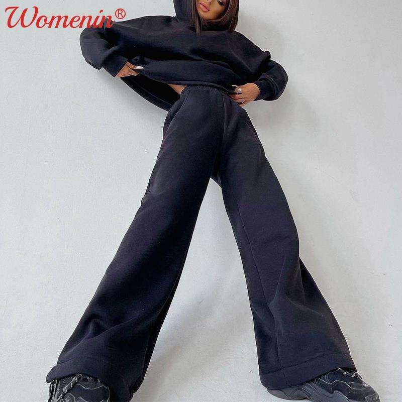 Velo feminino sólido hoodie conjunto de duas peças 2021 outono inverno solto manga longa camisola perna larga pant define feminino casual terno