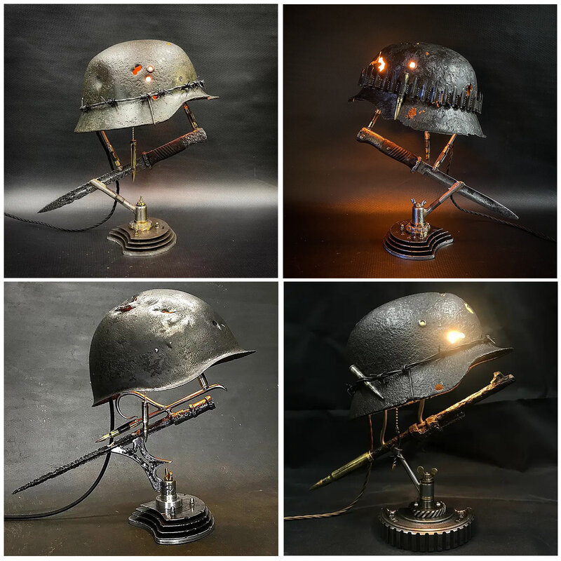 War Relic Lamp Statue Helmets Table Ornaments Sculpture Resin Desk Lamp Souvenir Light Desk Accessories Vintage Home Luces Decor