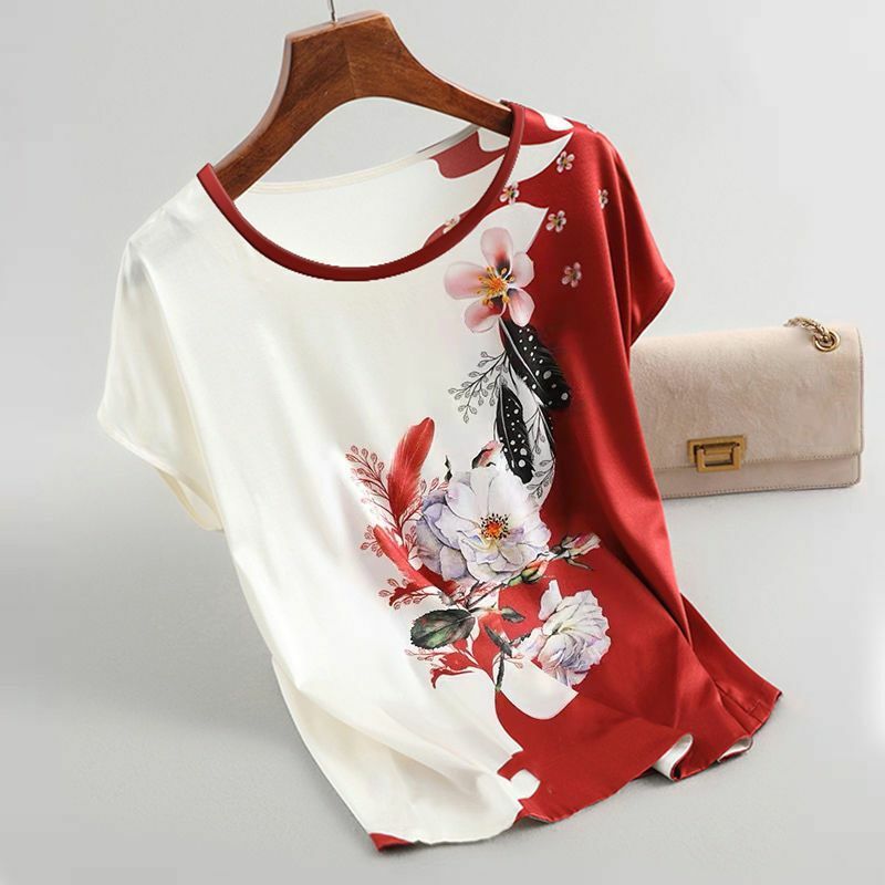 2021 Новая женская шелковая сатиновая блузка размера плюс с рукавами «летучая мышь» в винтажном стиле; Цветочная блузка с принтом женские пов...