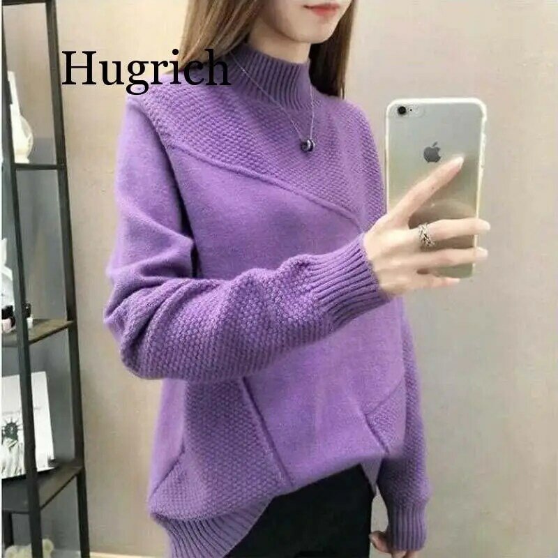 Suéter holgao de manga larga con cuello en V de punto para mujer Púrpura 