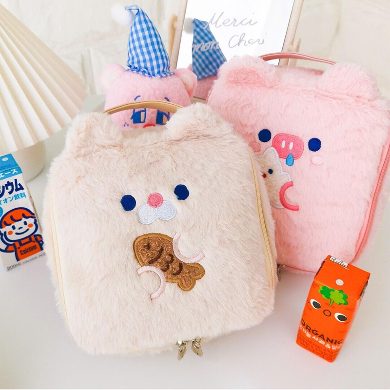 Flannel Bear Cosmetic Bag Kawaii Student Large Capacity Pencil Case Korea Fashion Pen Box Cute Embroidery Plush Storage Bag
