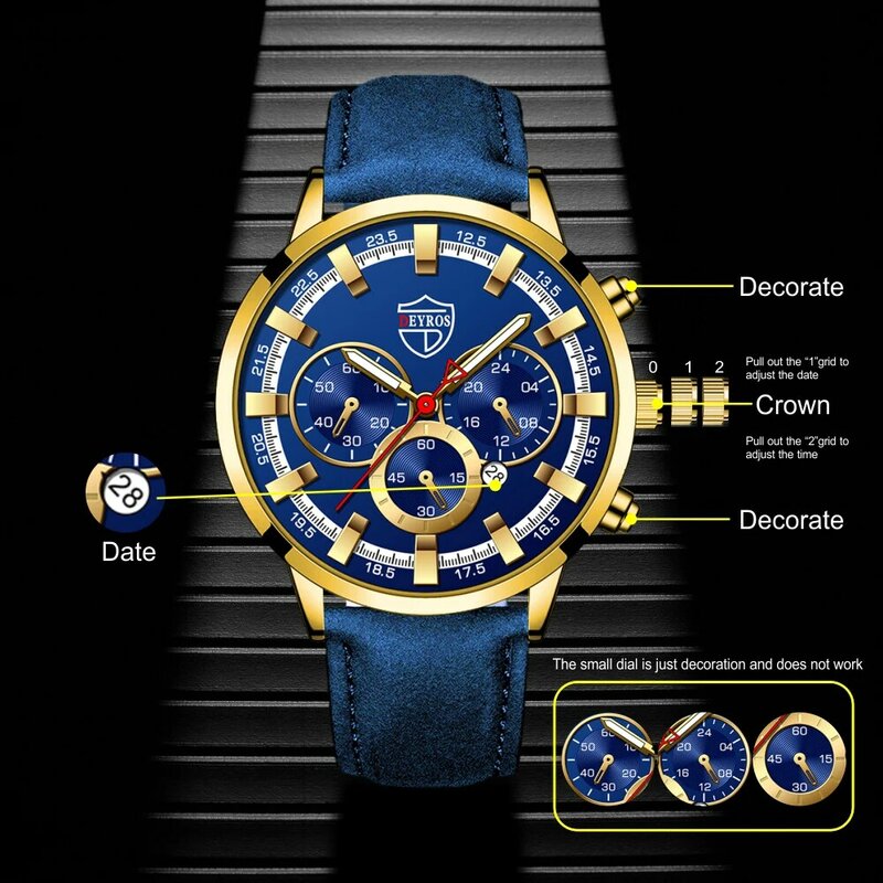 Dropship Mens Luxury Business นาฬิกาควอตซ์หนังสีฟ้านาฬิกาชายกีฬาปฏิทินส่องสว่างนาฬิกาทอง Relogio Masculino
