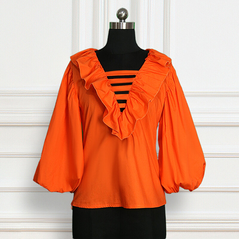 Vrouwen Blouse Grote Lantaarn Mouw V-hals Ruches Hollow Out Elegant Office Dames Classy Oranje Fashion Tops Shirt Bluas Plus traf