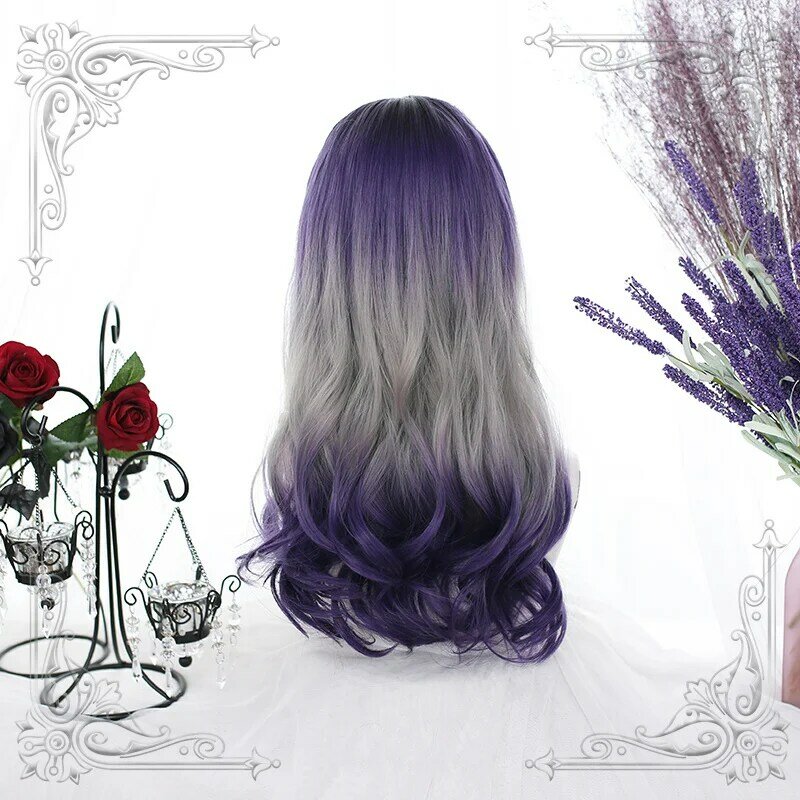 Peluca larga ondulada para mujer, cabellera ombré femenina de color, púrpura, uva, gris medio, resistente al calor, para fiesta de Cosplay, Lolita