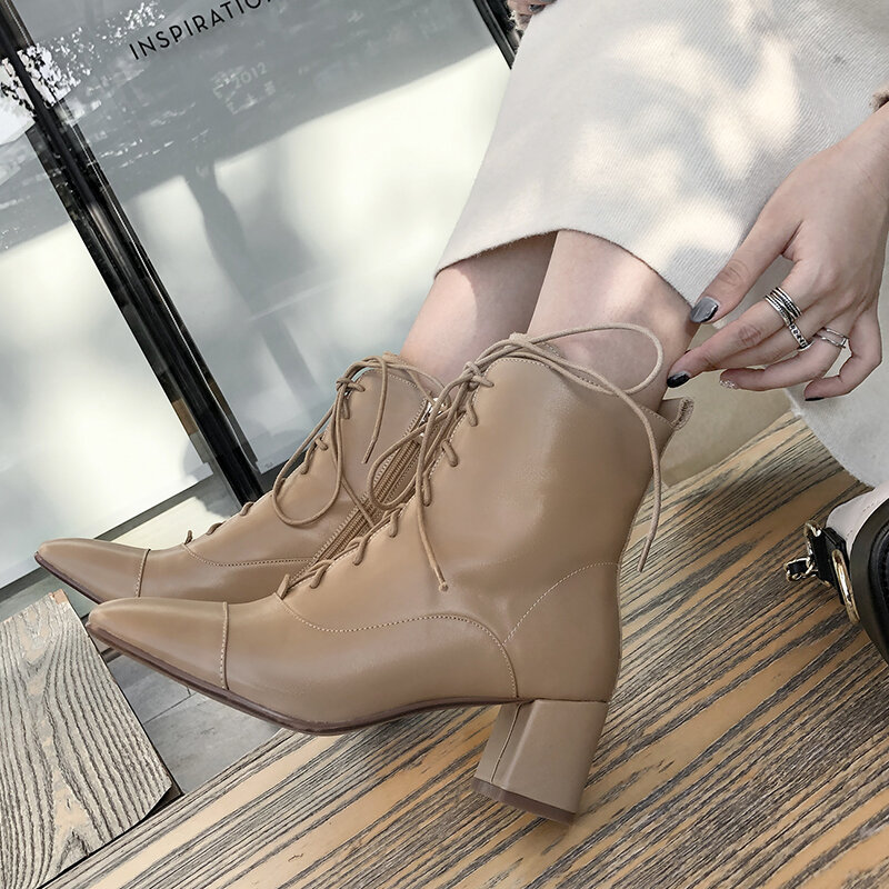 Women Ankle Boots natural leather outdoor booties Cowhide vamp boots + sheepskin insole + pigskin lining Square head plus size