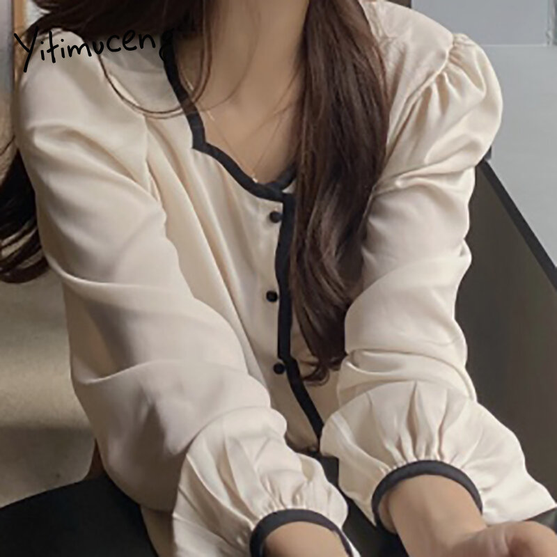 Yitimuceng Casual Blouse Woman Oversized Button Tops Korean Fashion Long Puff Sleeve Office Lady Milky Shirt 2021 Spring Summer