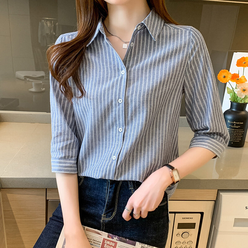 Chiffon Stripe Blouses Women's New Casual Loose Blouse Fashion Three Quarter Sleeve Top with Buttons Polo Shirt