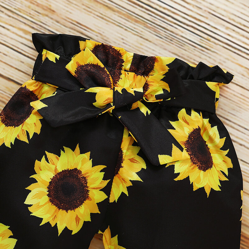 2020 Autumn 3pcs Baby Girl’s Clothes Set Toddler Solid Color Long Sleeve Bodysuit + Sunflower Print Long Pants + Headband 0-24M