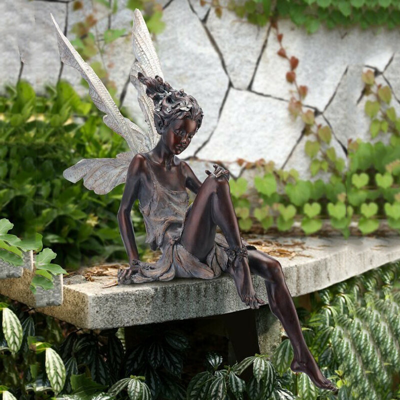 Tudor y Turek-estatua de hada sentado para jardín, adorno artesanal de resina, decoración de patio de paisajismo, decoración de jardín para el hogar al aire libre
