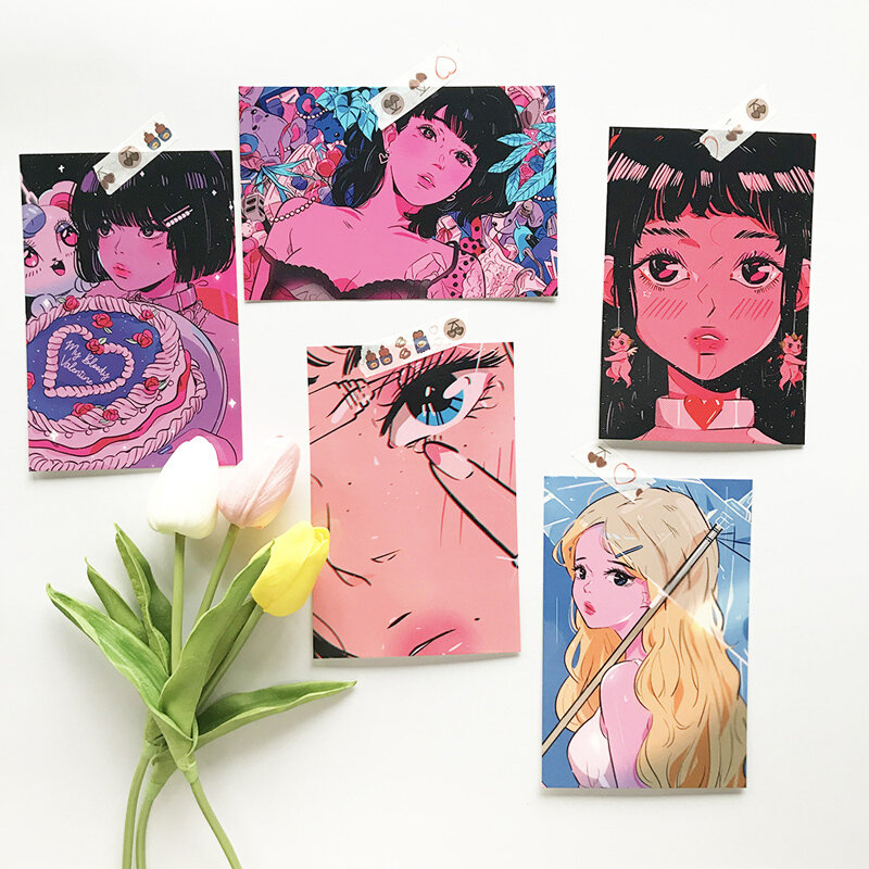 Postal de dibujos animados japoneses para chica dulce, 8 hojas, pegatina de pared Retro, marcapáginas creativas, regalo de tarjeta decorativa, utillaje de foto Kawaii