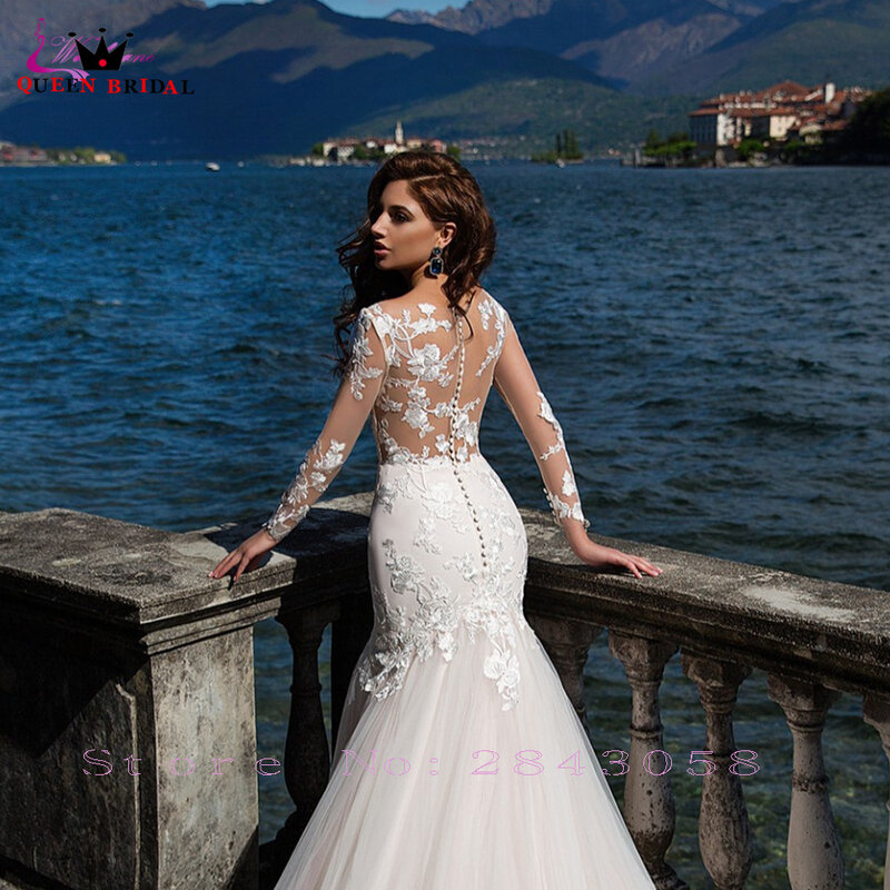 Sexy Mermaid suknie ślubne z długim rękawem tiulowe koronkowe aplikacje frezowanie formalna suknia ślubna 2022 nowe Custom Made DS132