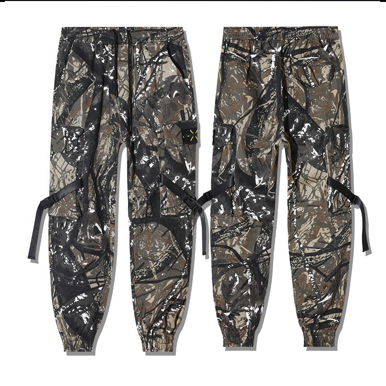 Camuflagem calças de carga calças de jogging masculinas com multi-bolso casual solto plus size calças de cintura elástica