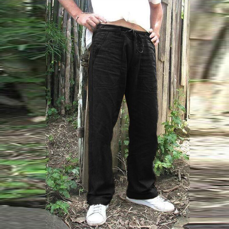 Pantalones de algodón puro de estilo fino para hombre, pantalones sueltos rectos de cintura elástica con bolsillos y cordón, transpirables de Color sólido, Verano