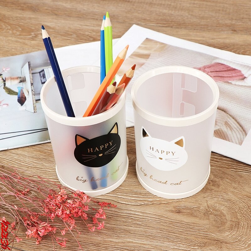 1 Pcs Cute Stationery PP Animal Cat Star Transparent Frosted Round Pen Holder Students Supplies Pencil Holders Gifts