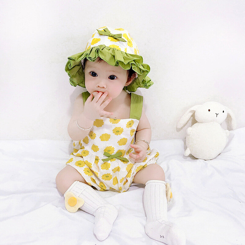 Yg marka odzież dziecięca lato nowe dziecko piękny kapelusz z kwiatem pasek jednoczęściowy spodenki dwuczęściowy trójkąt wspinaczkowy