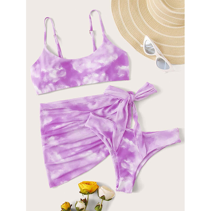 Mossha Halter women's swimsuit female Triangle tie dye bikini set 3piece Ruffle swimsuit with skirt Bathing suit Print swimwear