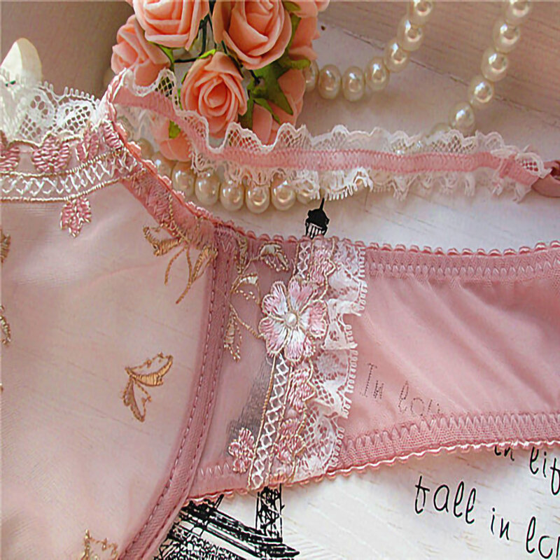 women's bra Ultra-thin Bra, Lotus Root Pink embroidered new sexy transparent Bra Underwear set