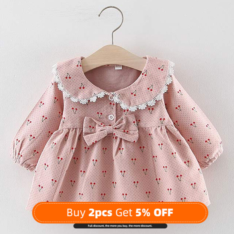 Novo vestido de outono inverno para bebês recém-nascidos meninas crianças natal floral cherry dot algodão arco vestido conjunto de roupas