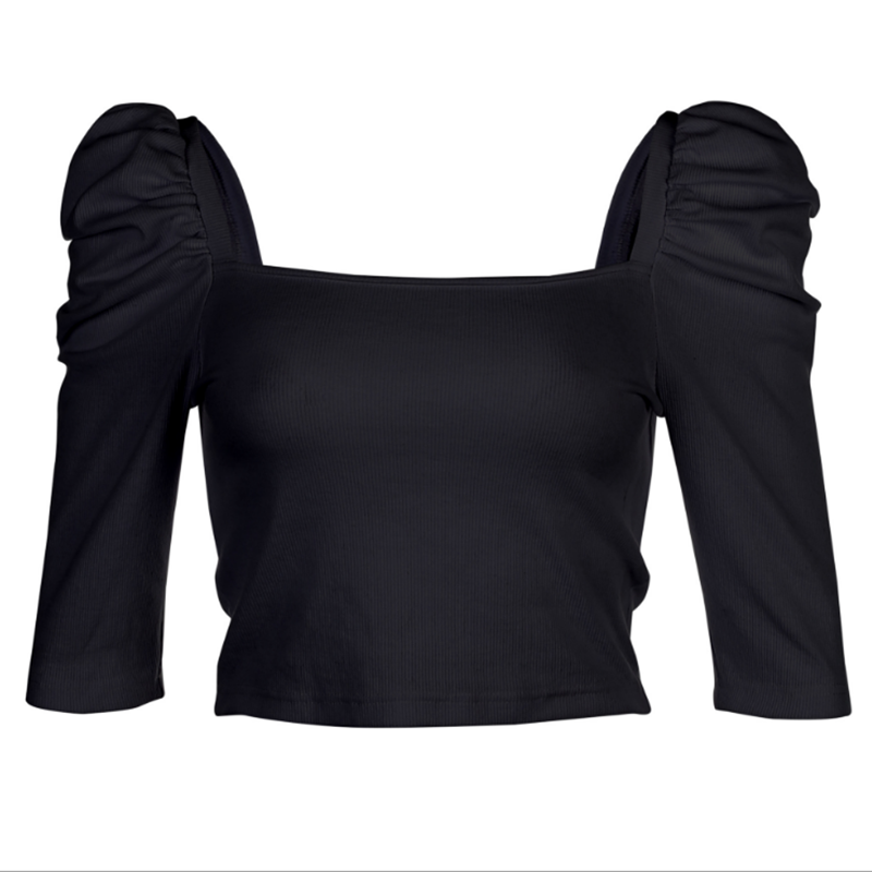 새로운 2020 프랑스 법원 바람 순수한 색상 5 포인트 허블-버블 슬리브 스퀘어 칼라 티셔츠 여성 리브 니트 탑 코트
