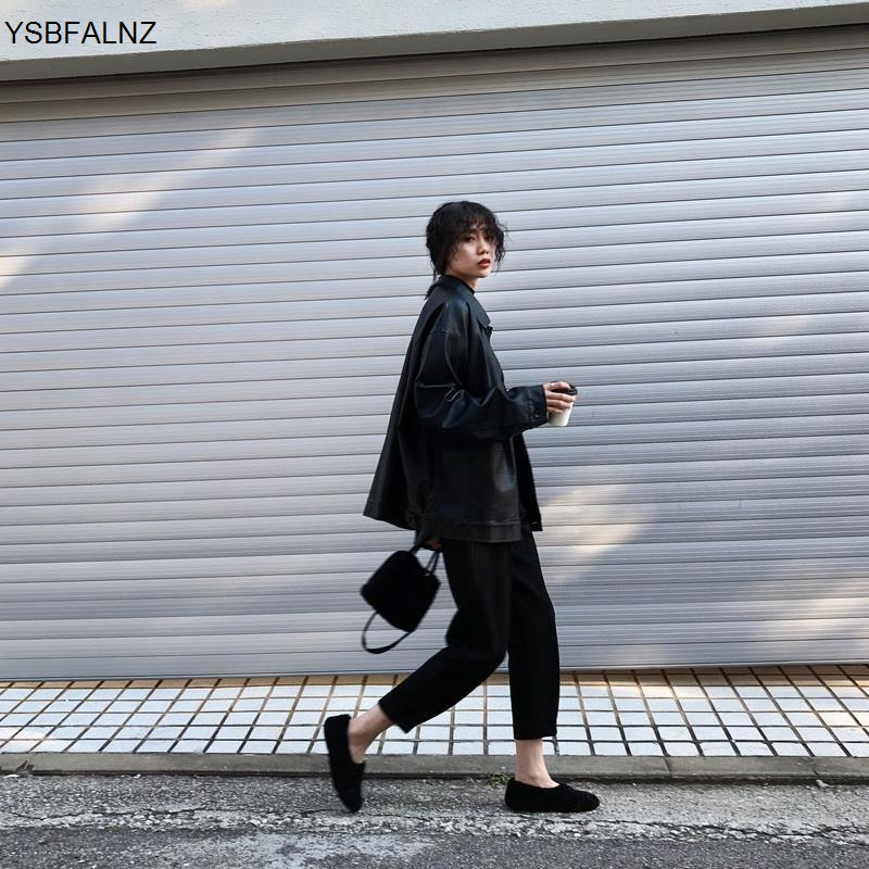 ฤดูหนาวสีดำหนังแจ็คเก็ตผู้หญิงเกาหลีบางหลวม Moto แจ็คเก็ตหญิง2022ฤดูใบไม้ผลิแฟชั่น Streetwear สุภาพส...