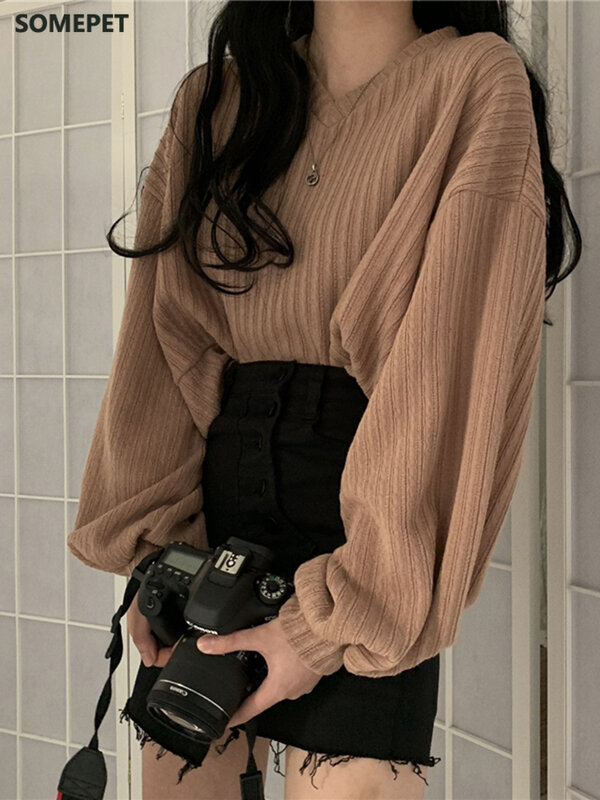 Koreanische Stilvolle Lose Kurze Frauen Pullover Oberbekleidung Einfarbig Langarm V-ausschnitt Laterne Hülse Stricken Damen Tops