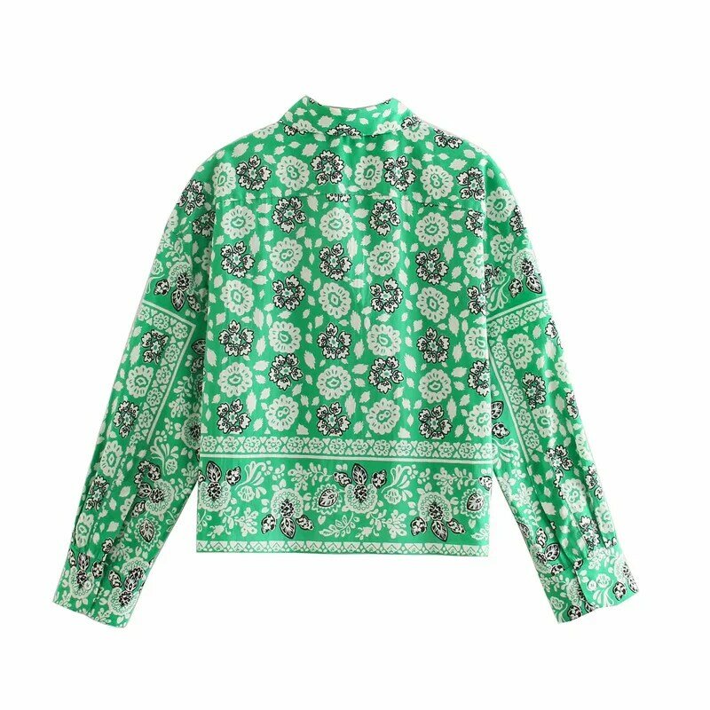 ZA 2021 녹색 인쇄 자르기 탑 여성 패션 옷깃 긴 소매 주름 셔츠 빈티지 탄성 높은 허리 Scalloped 트림 여자 반바지