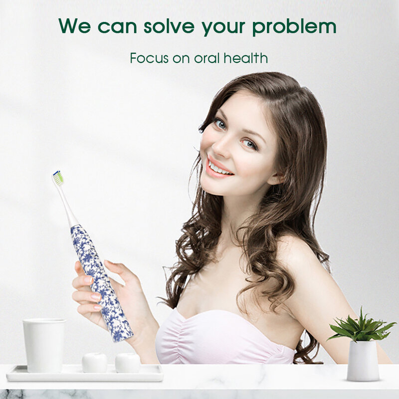 Boi-cepillo de dientes eléctrico sónico IPX8, Base inalámbrica, porcelana azul y blanca, protección inteligente para limpieza de encías, con reemplazo