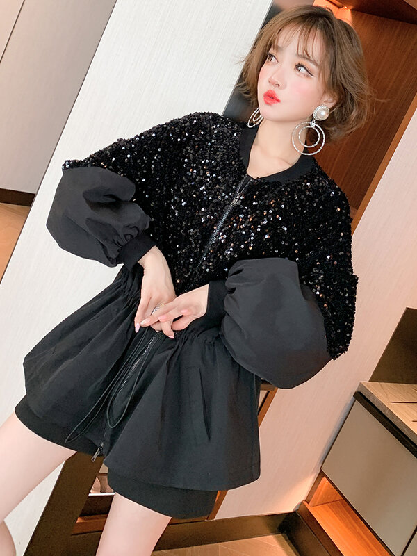 Fashionable new temperament V-neck stitching heavy industry sequined zipper waist drawstring loose jacket