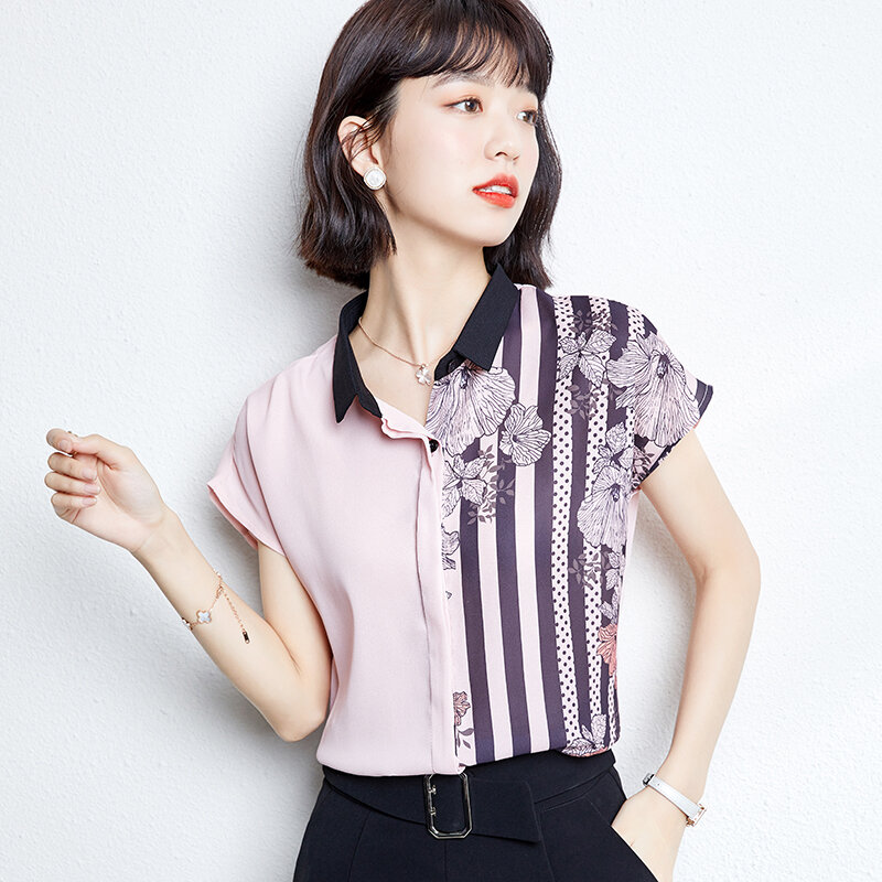 Camisa feminina coreana chiffon, blusa feminina manga curta rosa macacão plus size