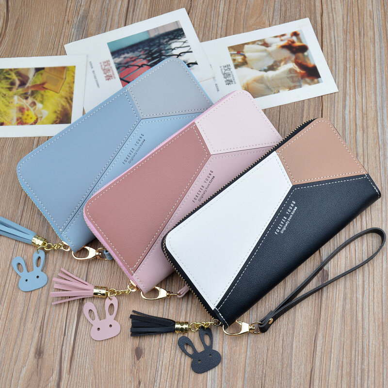 女性のための幾何学的な財布,ジッパー付きのピンクの電話ポケット,カードホルダー,パッチワーク,女性のための長い財布,タッセル付きの短いコイン