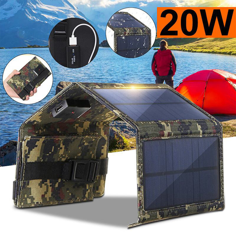 Panel Solar plegable para exteriores, cargador de batería portátil de 20W, resistente al agua, USB