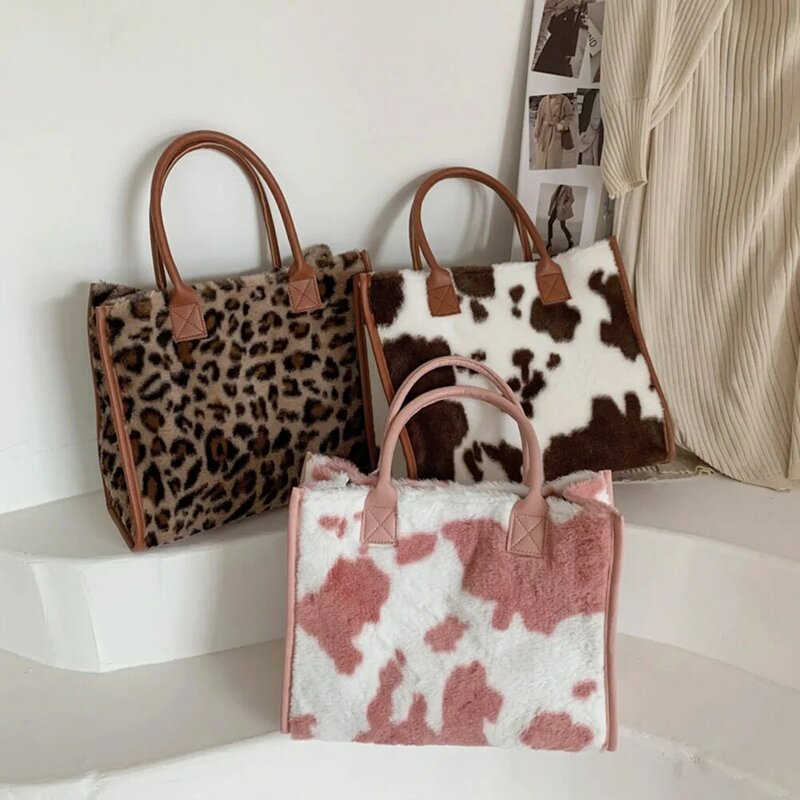 Bolsas de couro do plutônio da cópia do leopardo da vaca da parte superior-alça retro design de pelúcia outono inverno moda pequenas bolsas femininas