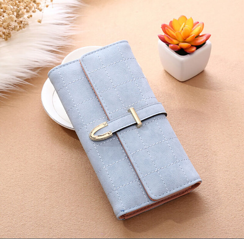 Check Pattern Buckle Wallets For Women Frosted Pu Leather Plaid Luxury Clutch Woman Wallet Long Elegant Pure Clutch Card Bags