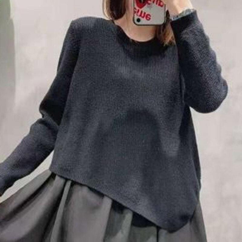 Sweater Rajut Wanita Fashion Korea Warna Solid Splicing Leher Bulat Tidak Teratur Lengan Panjang Sederhana Kasual Longgar Musim Gugur 2021