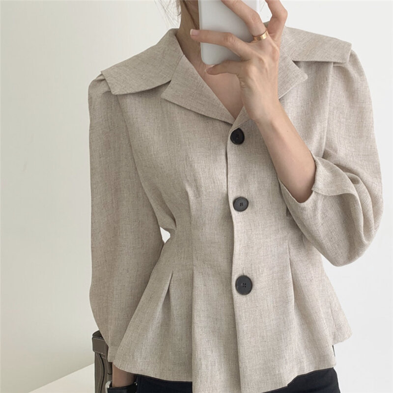 Korean Chic Spring Clothing French Style Retro Elegance High Quality Slimming Waist-Tight Suit Collar Long Sleeve Shirt Top