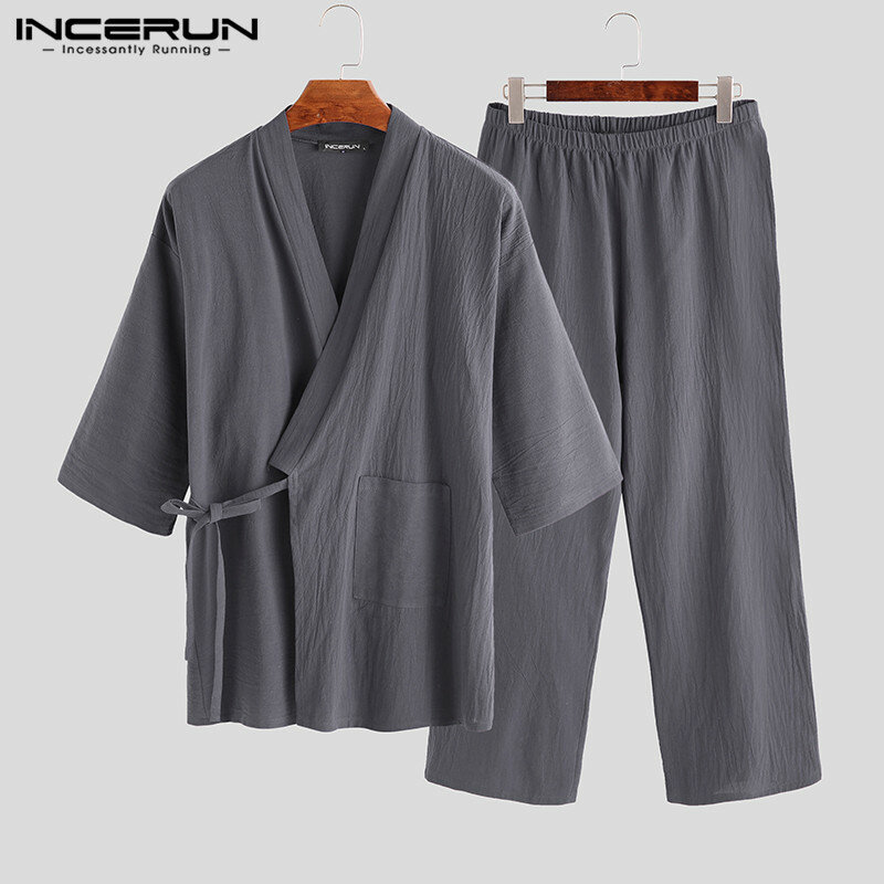 ญี่ปุ่น Mens Kimono ชุดนอนชาย Robe ชุด 2 ชิ้น/เซ็ต Lounge เสื้อคลุมอาบน้ำชุดนอนหลวมชายฝ้ายสบายชุดนอน Hombre