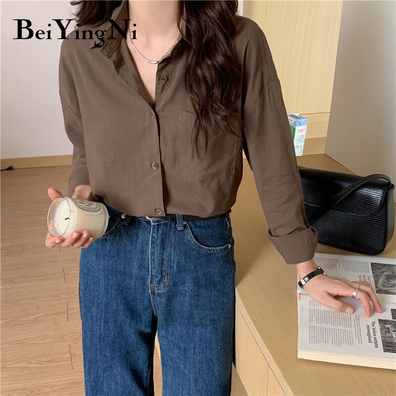 Beiyingni เสื้อลำลองผู้หญิง Vintage Vintage ขนาดใหญ่สุภาพสตรีกระเป๋า Basic Leisure เสื้อสีขาวสีดำสีกากี Blusas Mujer