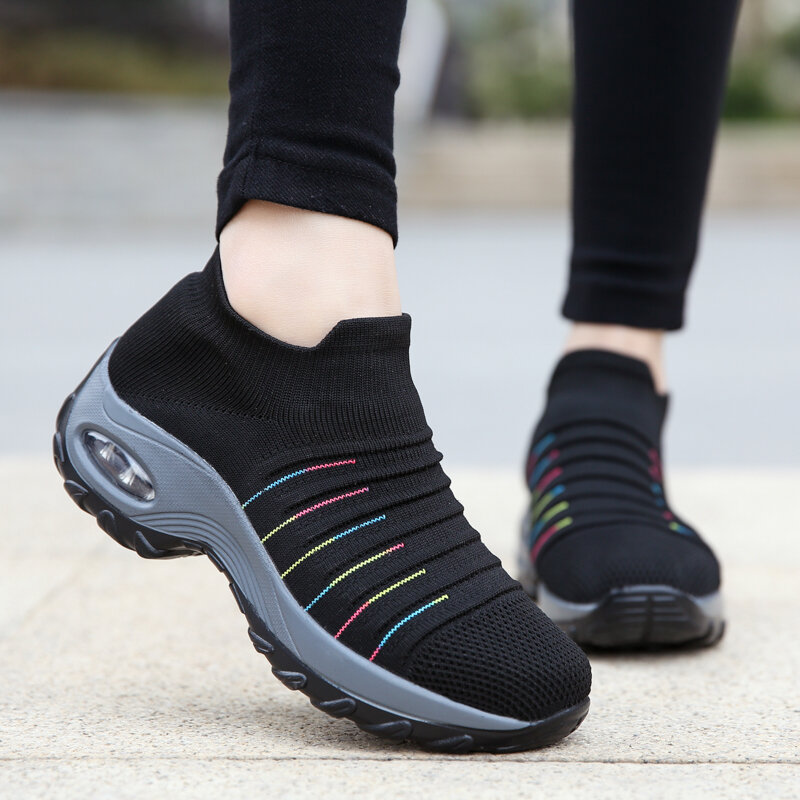 Zapatillas de deporte transpirables para mujer, Tenis planos sin cordones con plataforma, de malla, para el aire, primavera 2021
