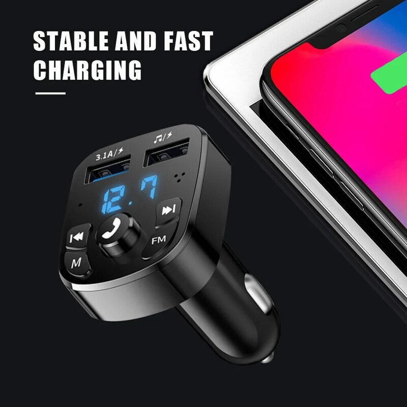 Bluetooth-compatible Version 5.0 FM Transmitter Car Player Kit Card Car Charger Quick With QC3.0 Dual USB Voltmeter & AUX IN/OUT