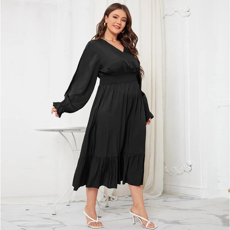 BXL Plus Größe 4XL Kleid Frauen Herbst Chic Einfache Elegante Puff Sleeve Vintage Schwarz Damen Streetwear V-ausschnitt Weibliche Kleidung