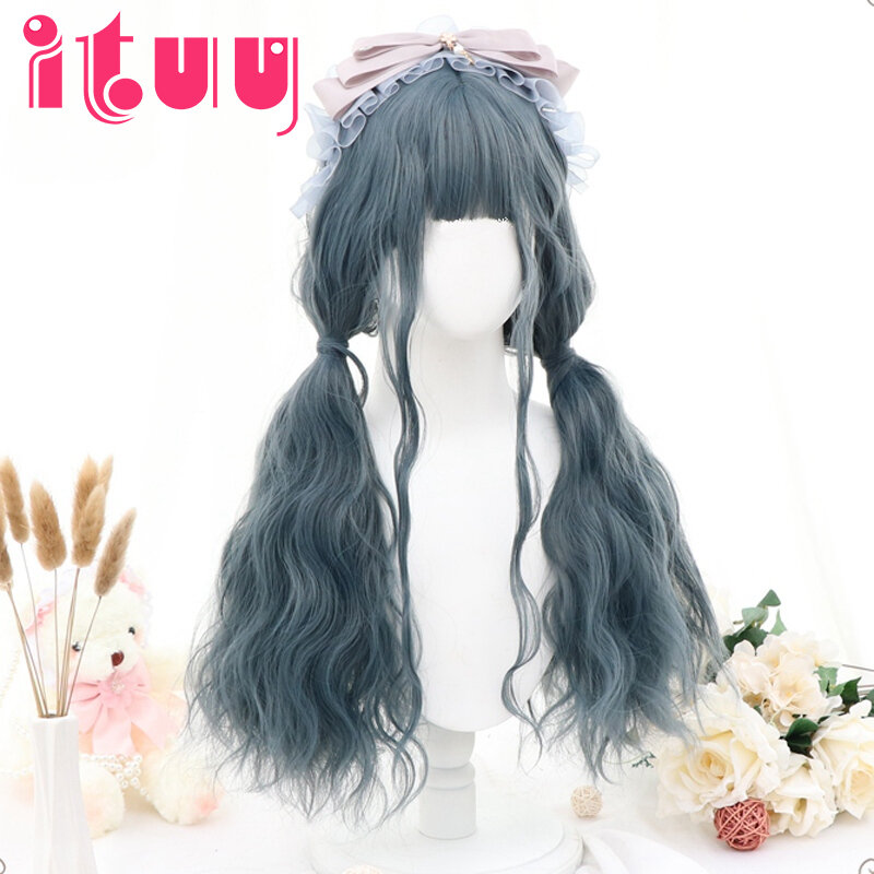 Lolita KC Blue Mix Grey Wigs Soft Girl Cosplay Harajuku Style Grey Blue Wavy Ombre High Temperature Fiber Bangs Curly Hair