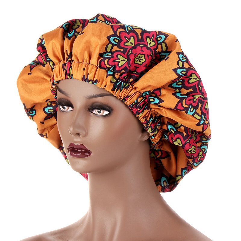 Topi Wanita Motif Pola Afrika Topi Tidur Malam Satin Elastis Pakaian Kepala Ekstra Besar Topi Perawatan Rambut Penutup Kepala Wanita