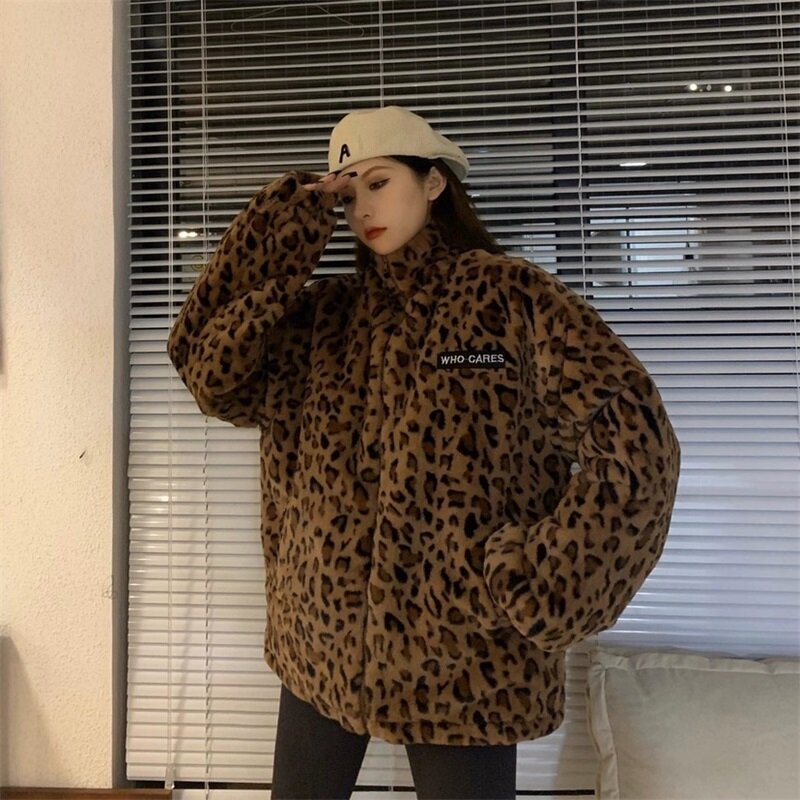 Streetwear w stylu BF Harajuku utrzymuj ciepło Vintage Leopard Design pełna rękaw kurtka z zamkiem płaszcz ocieplane pluszem luźna, bawełniana odzież